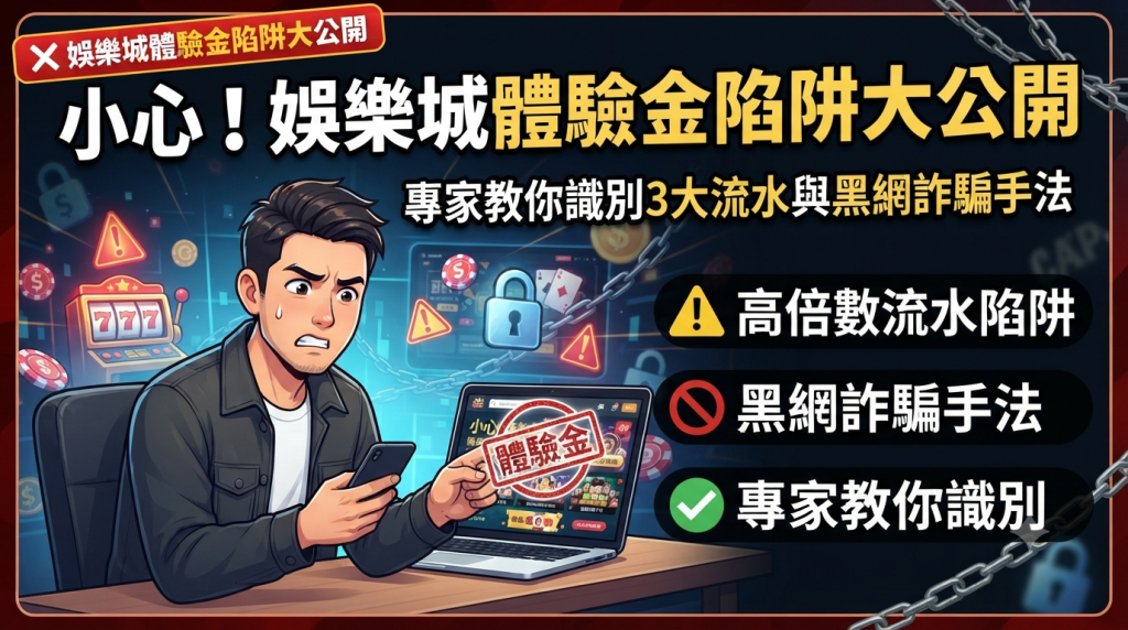 圖片展示了一名男子在使用筆記型電腦時發現娛樂城體驗金詐騙陷阱,畫面中標示著「小心!娛樂城體驗金陷阱大公開」與「專家教你識別3大流水與黑網詐騙手法」等繁體中文警示文字。